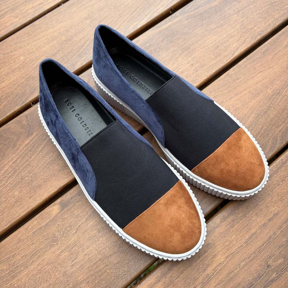 New Lori Goldstein Li-Sylvie Navy Tan Black Platform Slip-On Sneakers Sz 10M